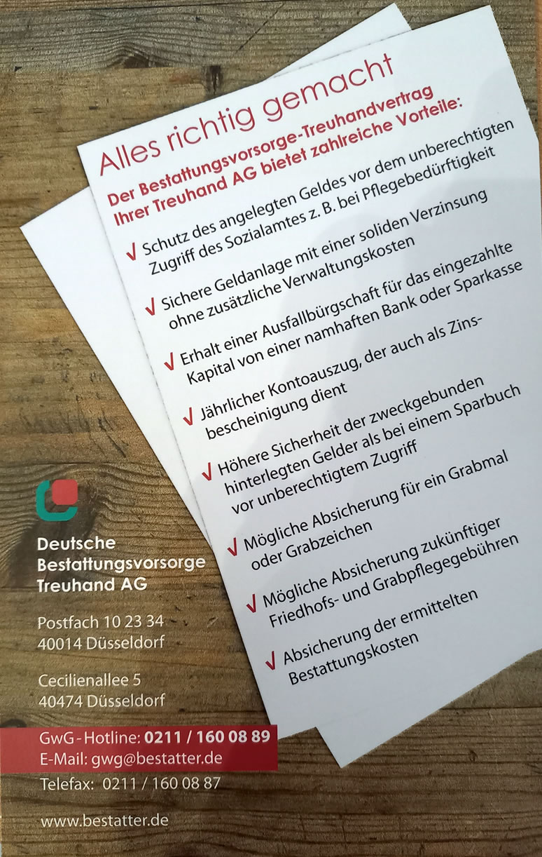 Bild des Bestattungs-Treuhandvertrages der Treuhand AG Bild des Bestattungs-Treuhandvertrages der Treuhand AG