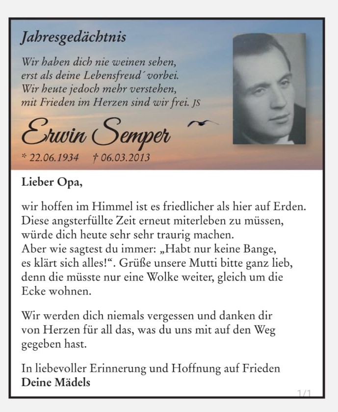 Jahresgedächtnis an Erwin Semper mit einem Bild und einem Spruch von den zwei Enkeln Jahresgedächtnis an Erwin Semper mit einem Bild und einem Spruch von den zwei Enkeln