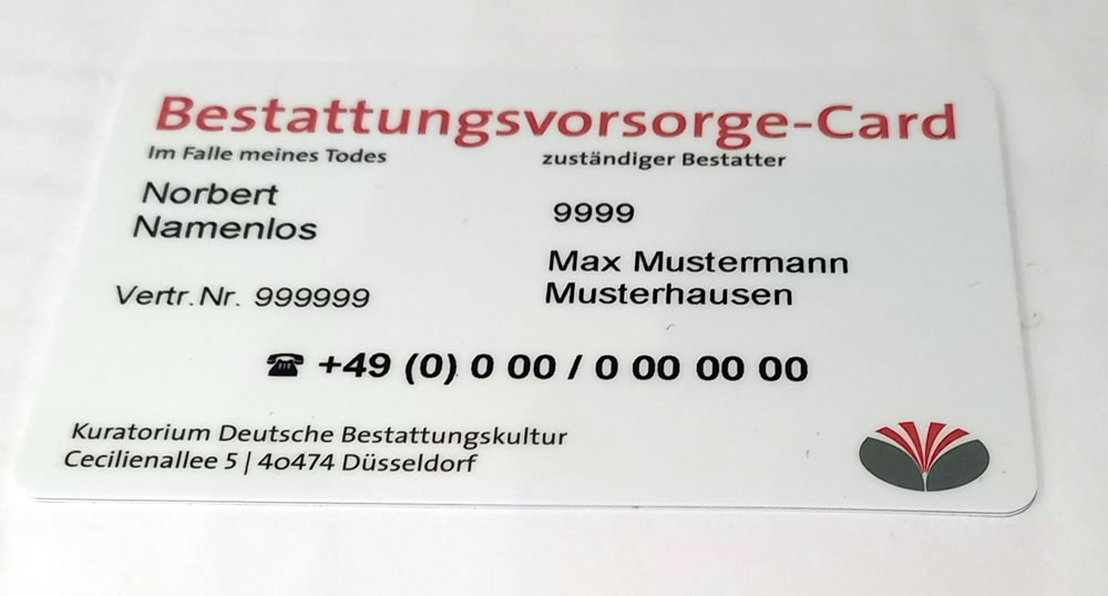 Muster einer Bestattungsvorsorge-Card Muster einer Bestattungsvorsorge-Card